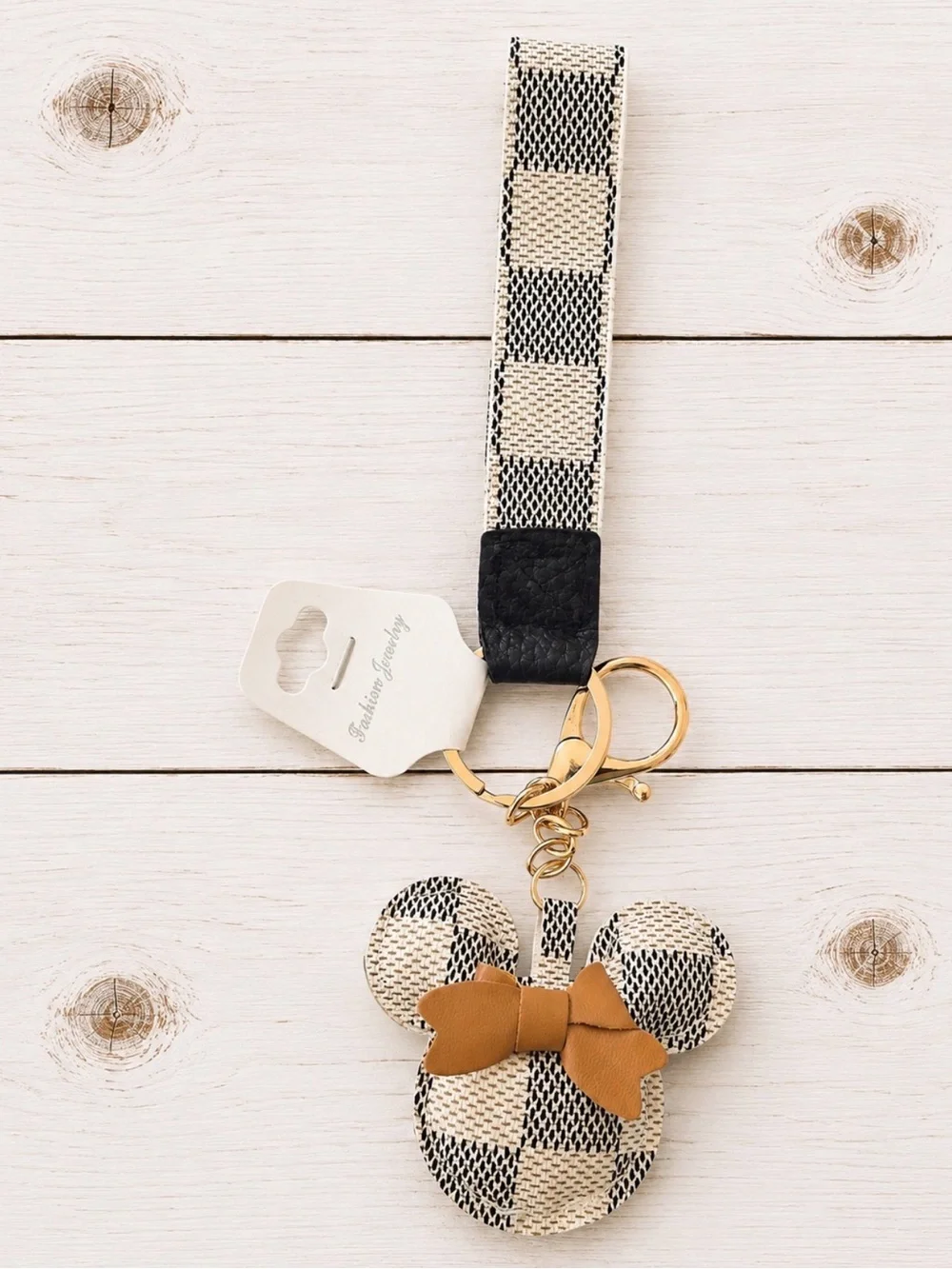 Mouse Wristlet Keychain PU Leather Bag Charm White Grey Checkered Brown Bow NIP